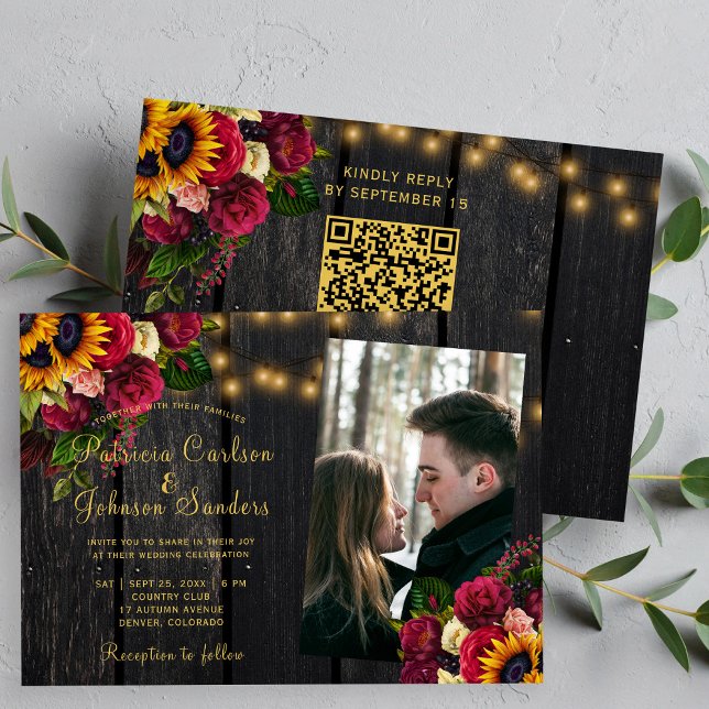 Invitación Girasol y rosas Código QR foto boda rústico (Subido por el creador)