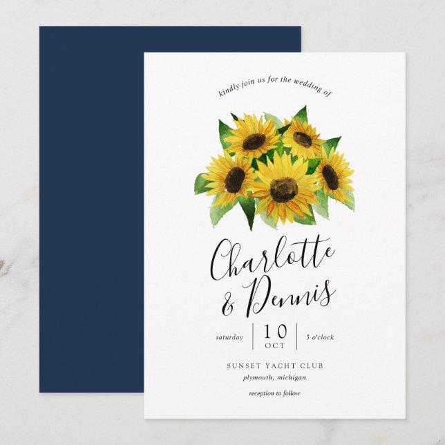 Invitación girasoles acuáticos y boda azul marino (Anverso / Reverso)