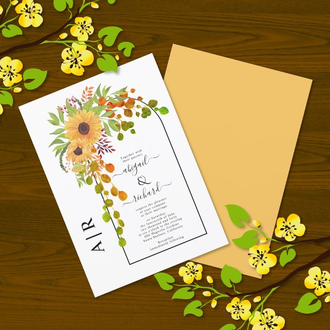 Invitación girasoles amarillos, arco e iniciales casan (Subido por el creador)