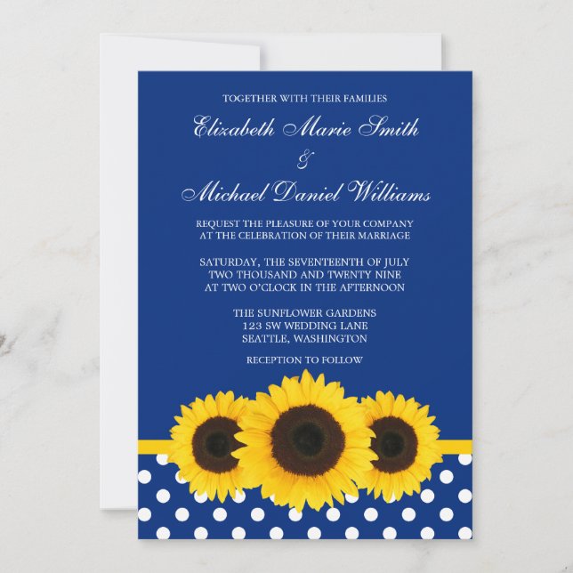 Invitación Girasoles amarillos azules y boda blanca del lunar (Anverso)