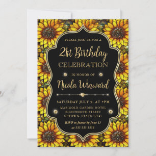 Invitación Girasoles Amarillos de Vidrio Emplomado Cumpleaños
