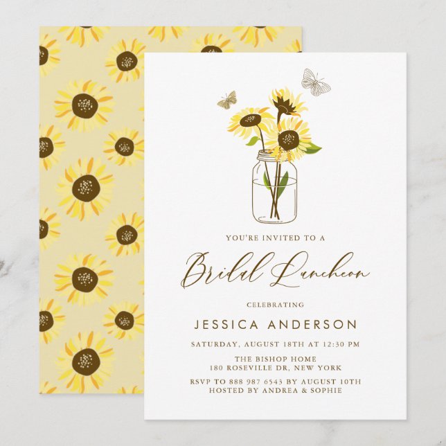 Invitación Girasoles amarillos en Mason Jar Bridal Luncheon (Anverso / Reverso)