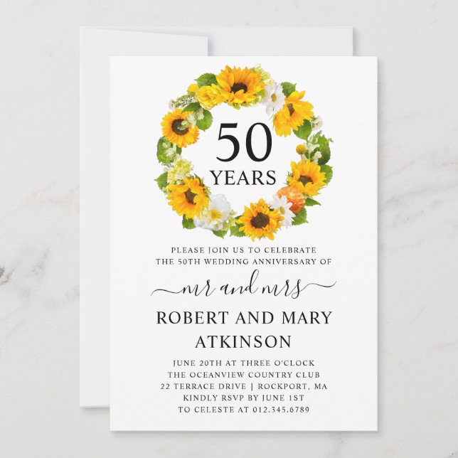 Invitación Girasoles Amarillos Florales Aniversario de Bodas  (Anverso)