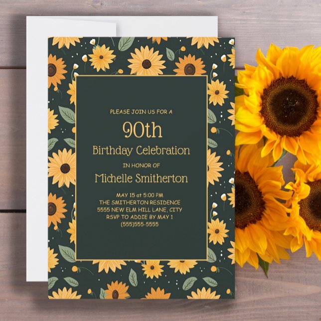 Invitación Girasoles Amarillos Negros Cumpleaños 90  (Cute sunflowers on black 90th birthday party invitation for women. Customizable with your text.)