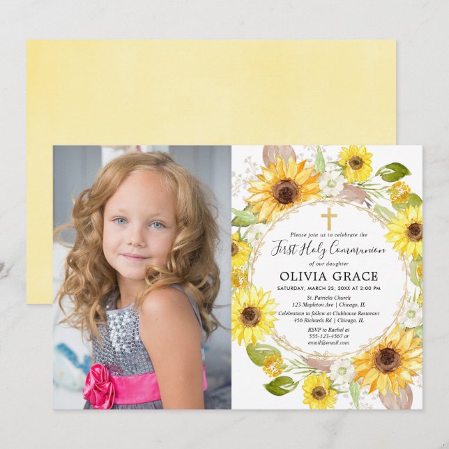 Invitación girasoles amarillos Primera foto de la Santa Comun (Anverso / Reverso)