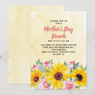 Invitación Girasoles Amarillos Rosas Rosadas Brunch del Día d