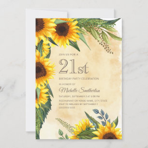 Invitación Girasoles Amarillos Rústicos Cumpleaños 21