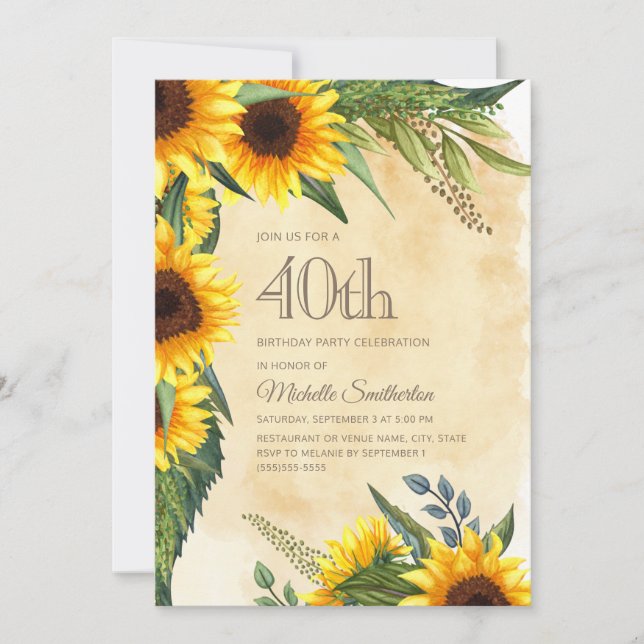 Invitación Girasoles Amarillos Rústicos Cumpleaños 40 (Anverso)