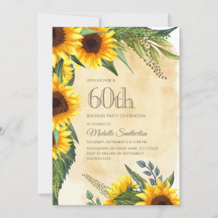 Invitación Girasoles Amarillos Rústicos Cumpleaños 60