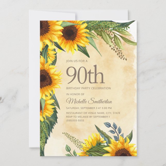 Invitación Girasoles Amarillos Rústicos Cumpleaños 90 (Anverso)