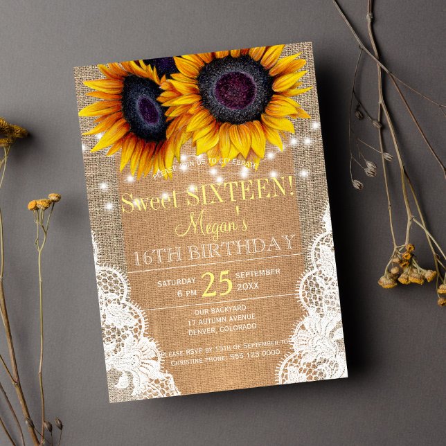 Invitación Girasoles arpillera y encaje otoño dulces dieciséi (Subido por el creador)