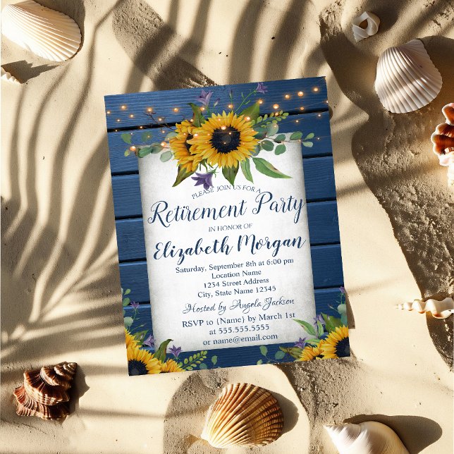 Invitación Girasoles Azul Marino Madera Jubilación (Subido por el creador)