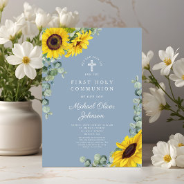 Invitación Girasoles Azules Modernos Primera Comunión