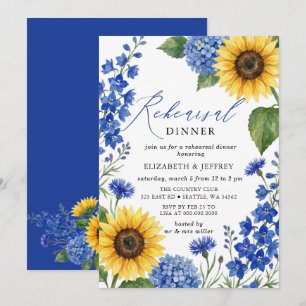 Invitación Girasoles Azules Reales Cena de Ensayo Floral
