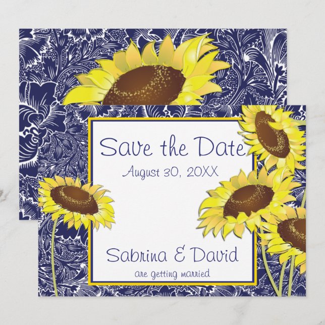 Invitación Girasoles azules reales y amarillos Save the Date (Anverso / Reverso)