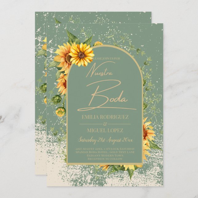 Invitación Girasoles Bilingües Boda Rústica en Verde Salvia (Anverso / Reverso)