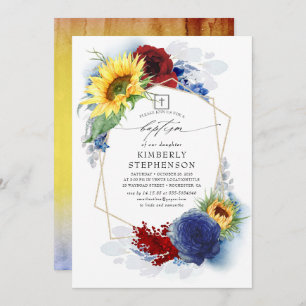 Invitación Girasoles Borgoña y bautismo floral azul de la mar