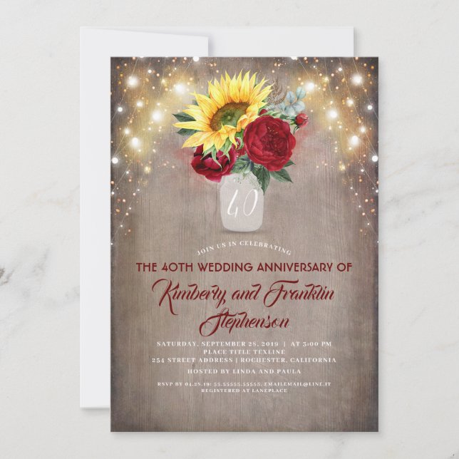 Invitación Girasoles Burgundy Rojo Rústico Boda Aniversario (Anverso)