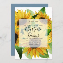 Invitación girasoles color agua con boda azul cielo