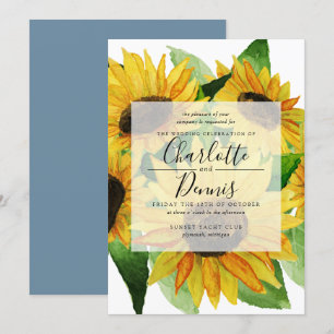 Invitación girasoles color agua con boda azul cielo
