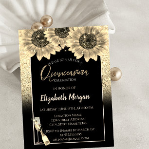 Invitación Girasoles con brillo dorado, Quinceañera copa de v