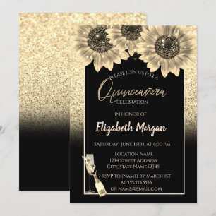 Invitación Girasoles con brillo dorado, Quinceañera copa de v