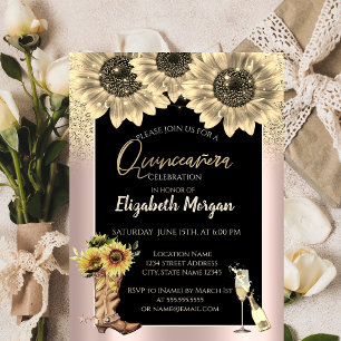 Invitación Girasoles con brillo dorado, Quinceañera de oro ro