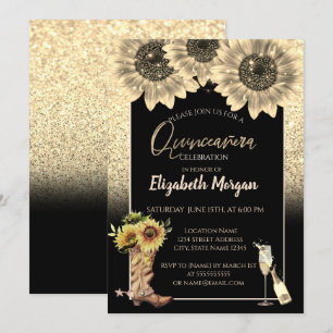 Invitación Girasoles con brillo dorado, Quinceañera rústica d