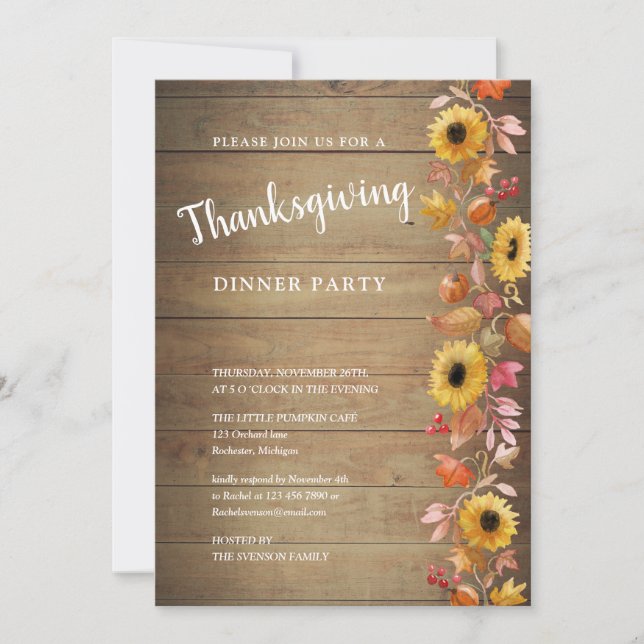Invitación girasoles de acción de gracias y hojas (Anverso)