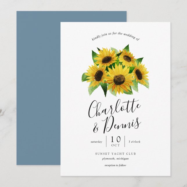 Invitación girasoles de color agua y boda azul cielo (Anverso / Reverso)
