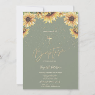Invitación Girasoles de cruz de oro elegante Bautizo Verde Sa