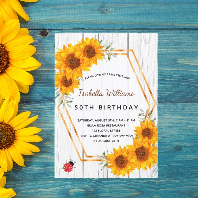 Invitación girasoles de cumpleaños madera blanca rústica geom (Subido por el creador)
