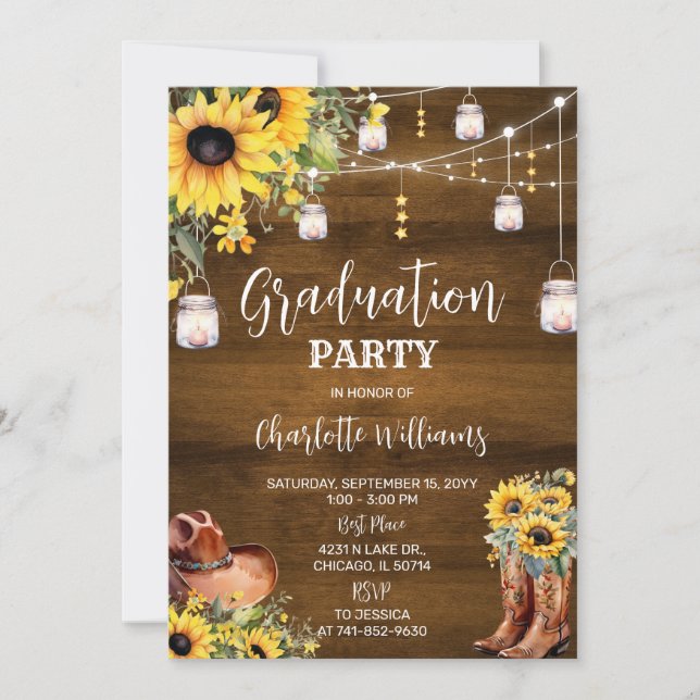 Invitación Girasoles de la Rustic Western Graduation Party (Anverso)