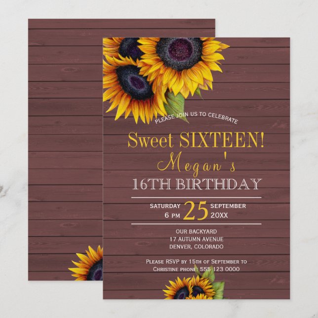 Invitación Girasoles de madera de granero chic rústico dulces (Anverso / Reverso)