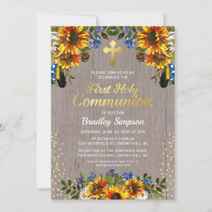 Invitación Girasoles de Madera Rústica Primera Comunión
