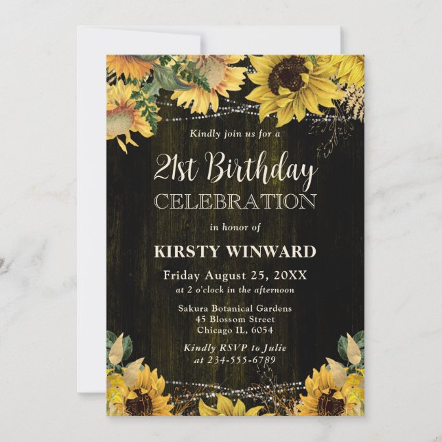 Invitación Girasoles de Otoño Rústicos Luces de Madera Cumple (Anverso)