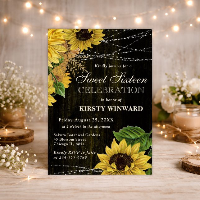 Invitación Girasoles de Otoño Rústicos Madera y Luces Dulces  (Subido por el creador)