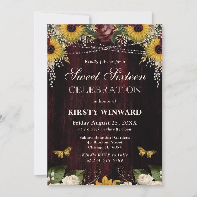 Invitación Girasoles de Otoño Rústicos Madera y Luces Dulces  (Anverso)