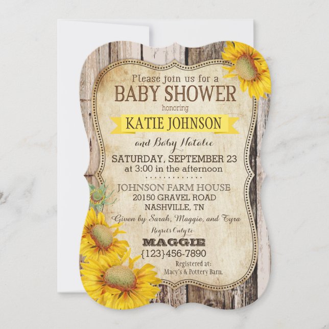 Invitación Girasoles del país y Baby Shower de madera rústico (Anverso)