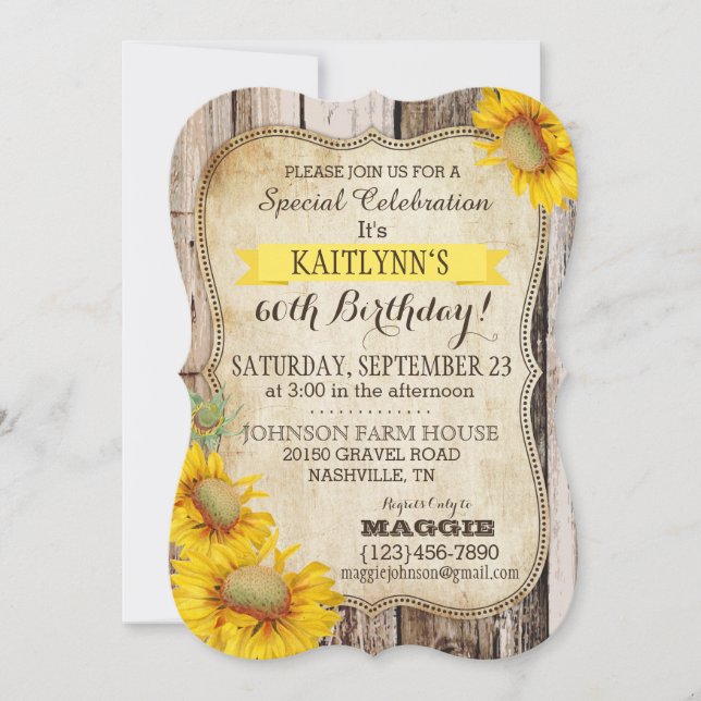 Invitación Girasoles del país y cumpleaños de madera rústico (Anverso)