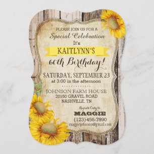 Invitación Girasoles del país y cumpleaños de madera rústico