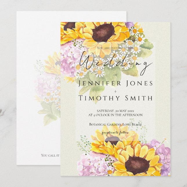 Invitación girasoles e hidrangea acuarela (Anverso / Reverso)