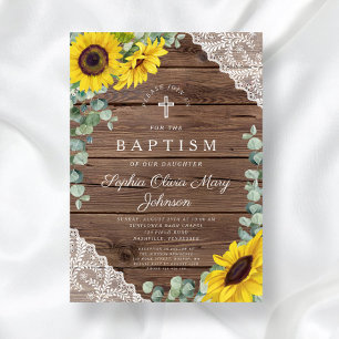 Invitación Girasoles Elegantes Encaje Cruz de Madera Bautizo