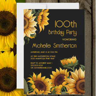Invitación Girasoles Elegantes Rústicos Cumpleaños 100 Negro