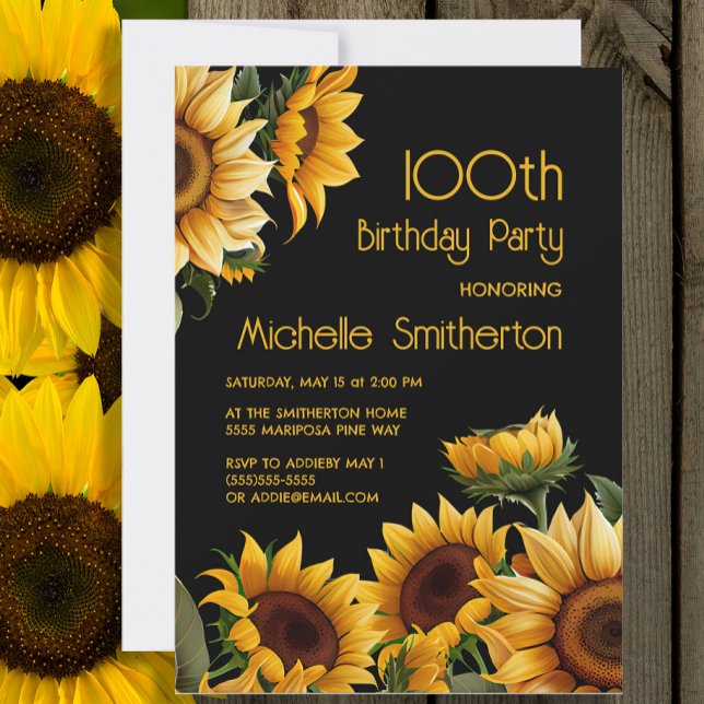 Invitación Girasoles Elegantes Rústicos Cumpleaños 100 Negro (Sunflowers on black 100th birthday invitation)