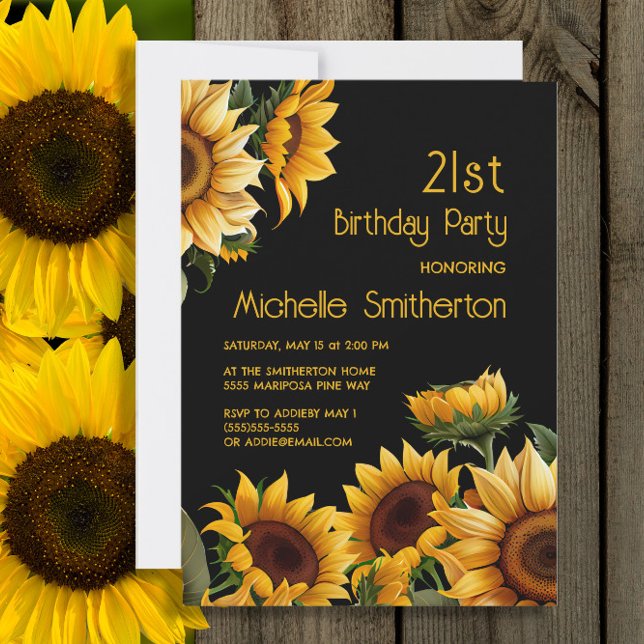 Invitación Girasoles Elegantes Rústicos Cumpleaños 21 Negro (Sunflowers on black 21st birthday invitation)