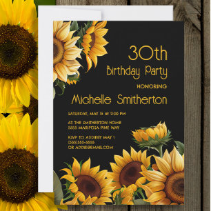 Invitación Girasoles Elegantes Rústicos Cumpleaños 30 Negro