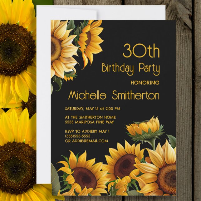Invitación Girasoles Elegantes Rústicos Cumpleaños 30 Negro (Sunflowers on black 30th birthday party invitation)