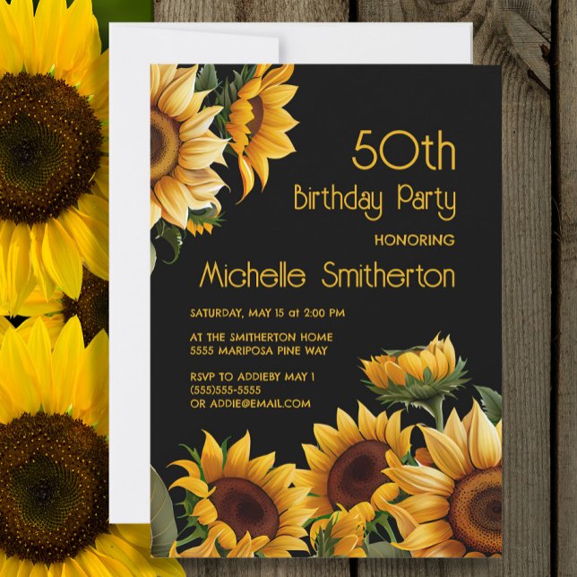 Invitación Girasoles Elegantes Rústicos Cumpleaños 50 Negro (Sunflowers on black 50th birthday party invitation)