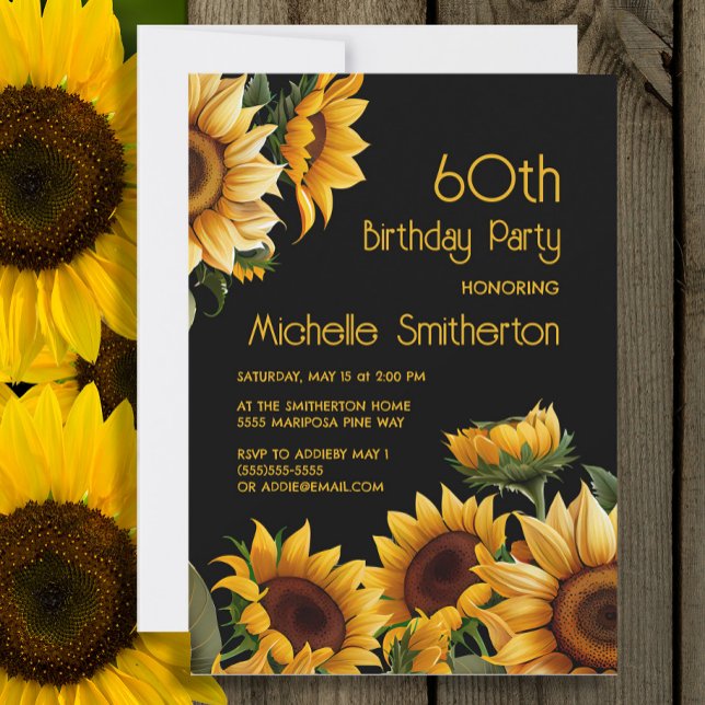 Invitación Girasoles Elegantes Rústicos Cumpleaños 60 Negro (Sunflowers on black 60th birthday party invitation)